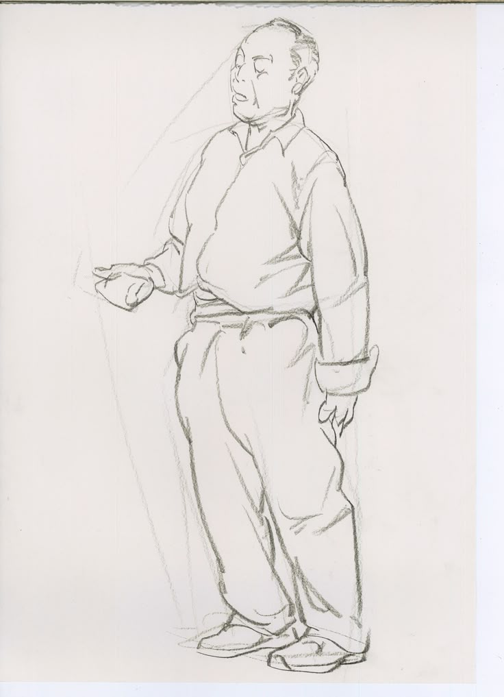 a black and white drawing of a man with his hands in his pockets, standing