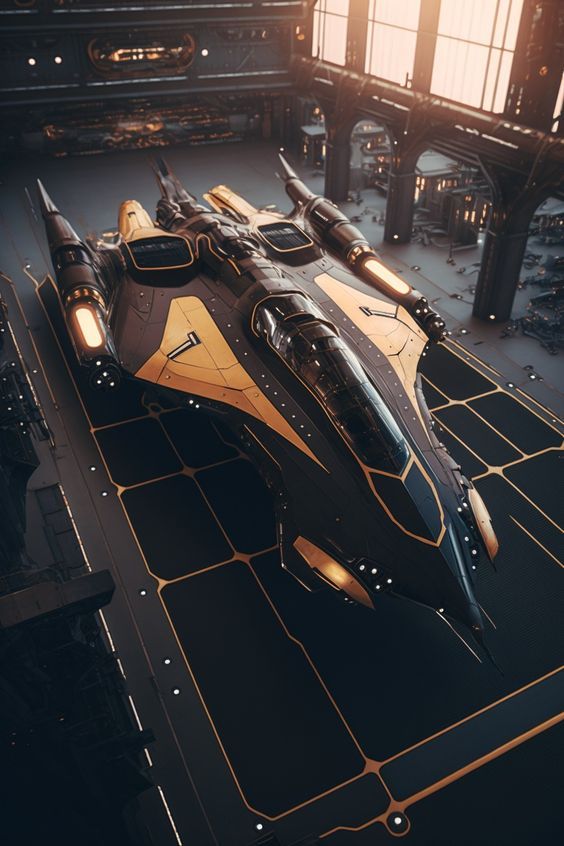 a sci - fi fighter jet sitting on top of a tiled floor