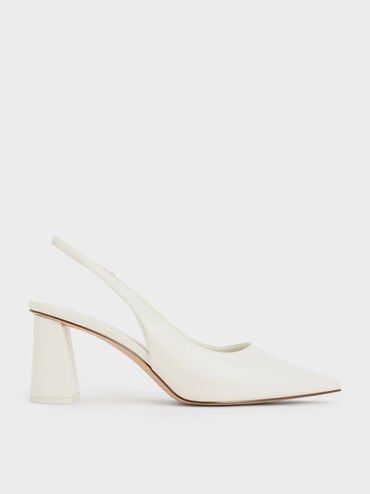 White Trapeze Heel Slingback Pumps | CHARLES & KEITH Charles And Keith White Heels, Classic White Heels, White Pointed Heels Outfit, Short Wedding Shoes, Wedding Shoes Kitten Heel, White Bridal Heels, White Slingback Heels, Pointed Heels Outfit, White Heels Outfit