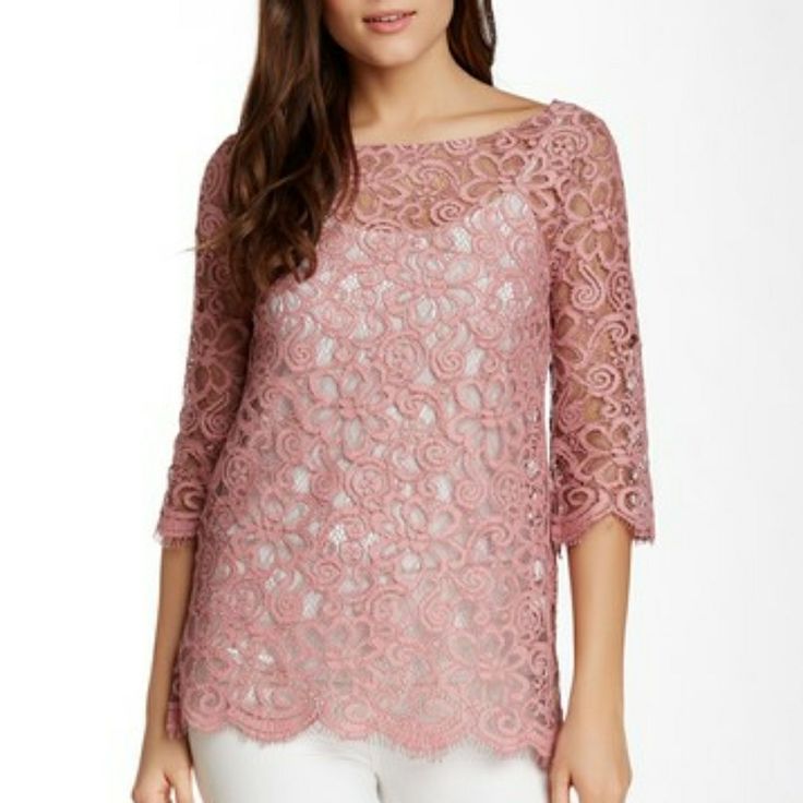 Gorgeous Lace Top, Partially Open Tie Back In Lovely Mauve/Rose Color. Fringed, Scalloped Bottom. No Tags, But Never Worn- Directly From Boutique Distributor. Elegant Pink Lace Top, Elegant Pink Tops For Brunch, Elegant Pink Lace Blouse, Feminine Tops, Women Ruffle Blouse, Eyelet Shirt, Blouse Nordstrom, Ruffled Sleeve Top, Chiffon Skirt