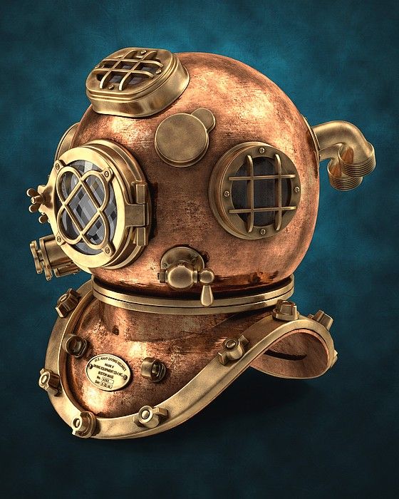 an old diving helmet on a blue background