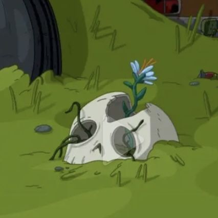 a cartoon scene with a skull in the grass and flowers growing out of its mouth