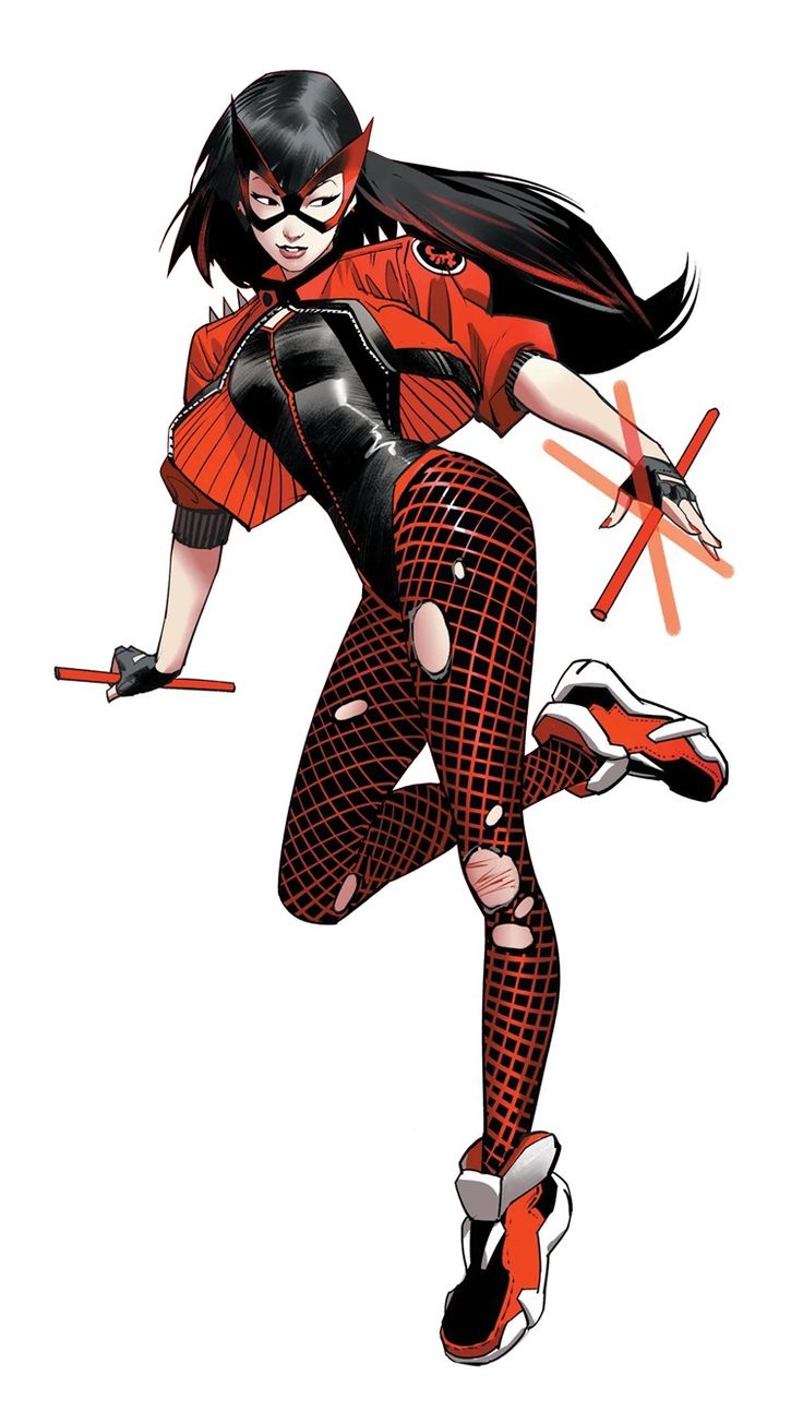 a woman in red and black is flying through the air