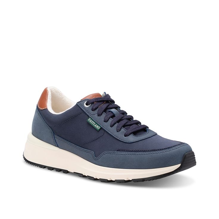 Eastland-Leap Jogger Sneaker Add to your casual collection with the Leap Jogger sneaker from Eastland. With a durable nylon and leather design, foam padded footbed, and soft lining combine for a well-rounded fit. Leather Design, Navy, Sneakers, Leather, Design