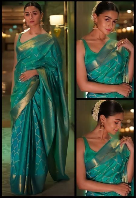 Hairstyle For Banarasi Saree, Hairstyle For Sari Look, Hairstyles For Banarasi Saree, Classic Indian Saree Look, Designer Sarees For Engagement, Sari Hair Styles Indian Fashion, Hairstyle For Traditional Saree, Hairstyle For Saree Look, Puja Outfits