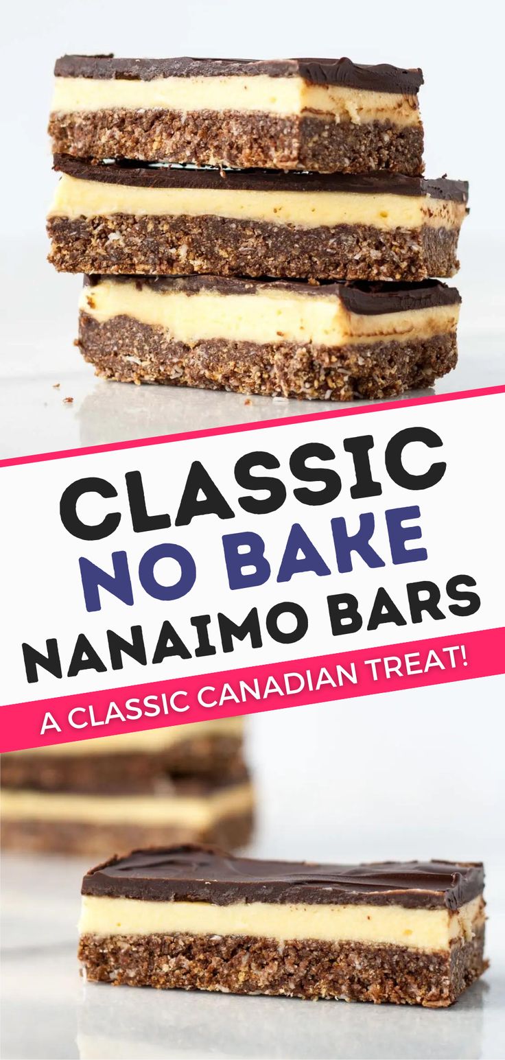 three no bake desserts stacked on top of each other with text overlay reading classic no bake nanamio bars