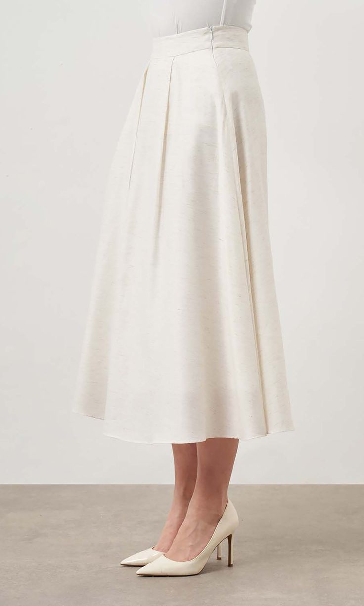 LINEN TEXTURED PLEATED SKIRT,  Crafted from premium %53 Polyester %10 Linen %37 Viscon fabric. This skirt boasts a luxurious texture and lightweight feel, perfect for all-day comfort. washable Turkey Embroidered graphics with raised details One size fits most White Formal Midi Bottoms, Elegant Cream Maxi Skirt With Relaxed Fit, Elegant Cream Maxi Skirt, Elegant Beige Relaxed Wrap Skirt, Elegant Beige Wrap Skirt With Relaxed Fit, Elegant Cream Full Maxi Skirt, White A-line Formal Bottoms, Cream Silk Flowy Skirt, Flowy Cream Silk Skirt