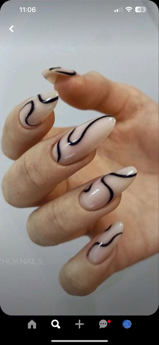 Short Swirl Nail Designs, Black Squiggly Line Nails, Almond Nails Squiggly Lines, Swirly Lines Nails, Nail Design Sketch, Black Line Work Nails, Simple Line Design Nails, White And Black Swirl Nails, Wiggly Line Nails