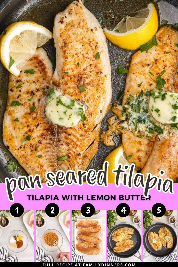 an image of fish with lemon butter on it and the title overlay reads pan - seared tiliya