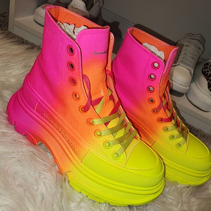 (Authentic) Ombre Tread Slick Canvas Lace-Up Boots. Tri-Color (Neon: Orange, Pink, And Yellow) Excellent Condition, Ready To Re-Home For Something New. Flame Boots, Mcqueen Boots, Alexander Mcqueen Boots, Christmas Boots, Alexander Mcqueen Shoes, Pink And Yellow, Moto Boots, Neon Orange, Orange Pink