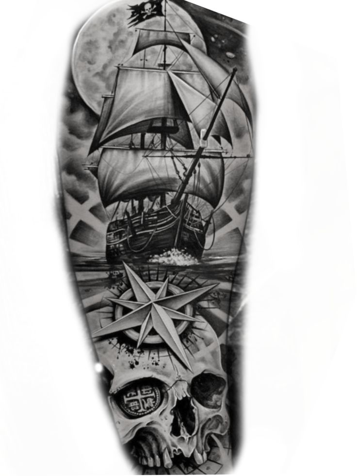 a black and white tattoo with a ship on it