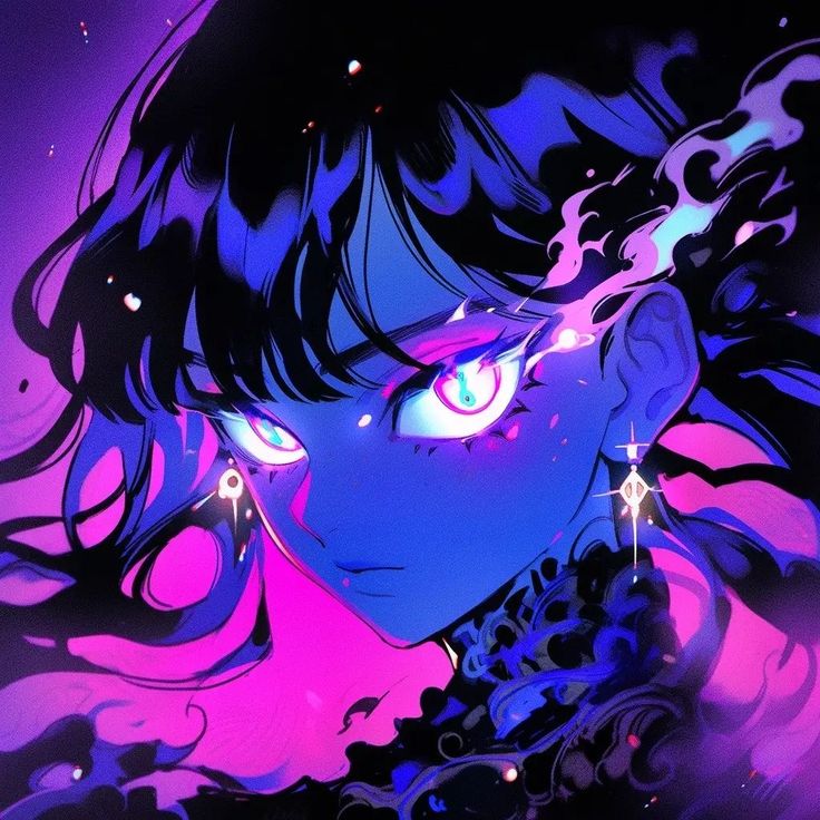 an anime character with blue eyes and purple hair, staring at the camera while she's surrounded by stars