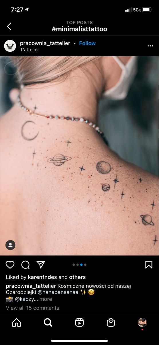 the back of a woman's neck with tattoos on it, and an image of planets