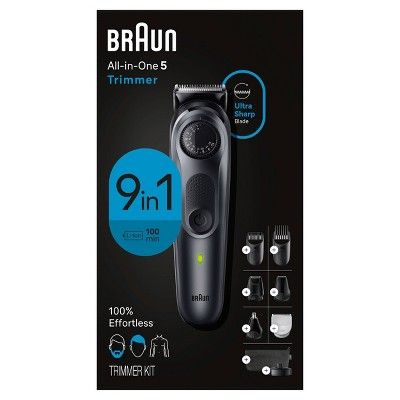 Braun Series 5 All-in-One Style Kit. For versatility and precision at home. With a beard, ear & nose trimmer, hair clippers and body groomer. Features the Precision Wheel with 40 length settings and ultra sharp blades. 100-minute cordless runtime. Includes: Plastic trimmer head, body groomer head, precision beard (0.5 mm - 10 mm) & hair (10.5 - 20 mm) combs, ear & nose trimmer head, detail trimmer head, mini foil shaver, charging stand, zipper pouch. Box Content1x trimmer device incl plastic tri Nose Trimmer, Beard Hair, Plastic Trim, Beard Combs, Beard Trimmer, Trimmer For Men, Shave Gel, Ear Hair, Beard Trimming