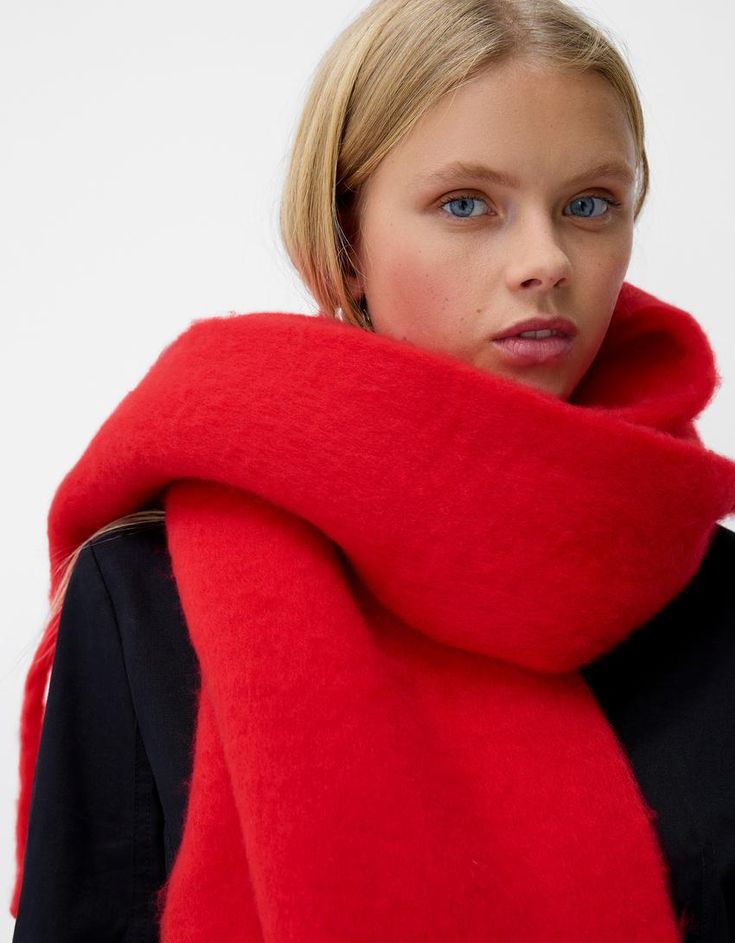 Solid-colored scarf - Accessories - Women | Bershka Casual Solid Winter Shawl, Casual Solid Shawl Scarf, Casual Solid Color Shawl Scarves, Casual Solid Color Shawl Scarf, Casual Solid Shawl Scarves, Casual Solid Shawl For Winter, Casual Winter Shawl Scarf, Casual Red Scarf For Cold Weather, Trendy Winter Shawl Scarf