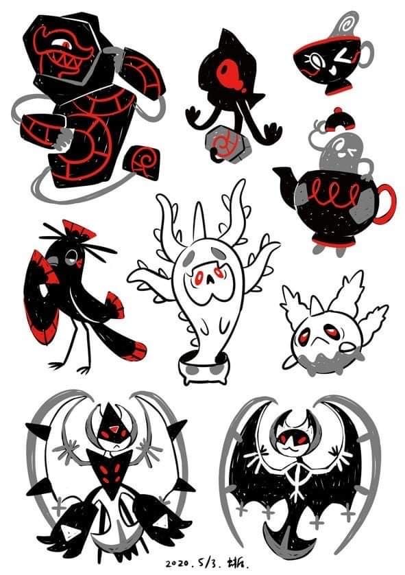 an image of some cartoon characters in black and red colors on a white background,