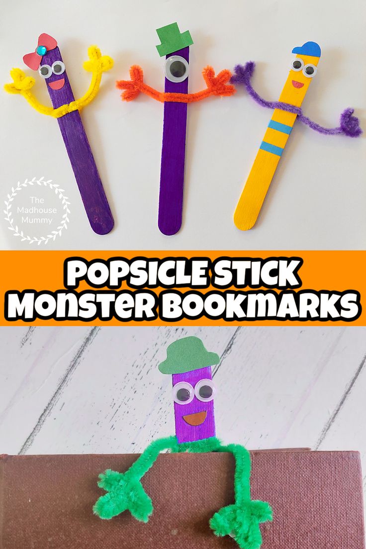 popsicle stick monster bookmarks with the words popsicle stick monsters written on them