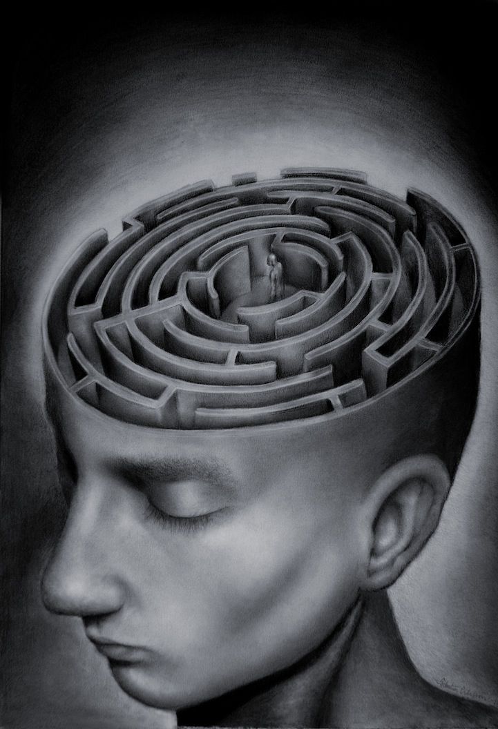 a drawing of a man's head with a maze in the middle of it