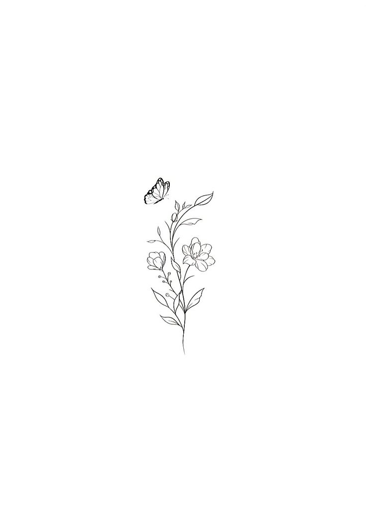 a black and white drawing of a flower with a butterfly on it's back