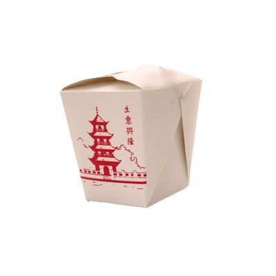 a white box with chinese writing on it and a red pagoda in the middle is sitting against a white background