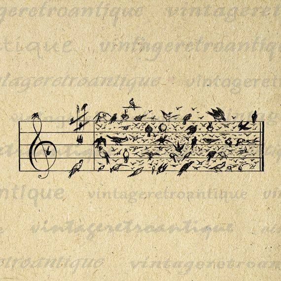 an old book with music notes and birds