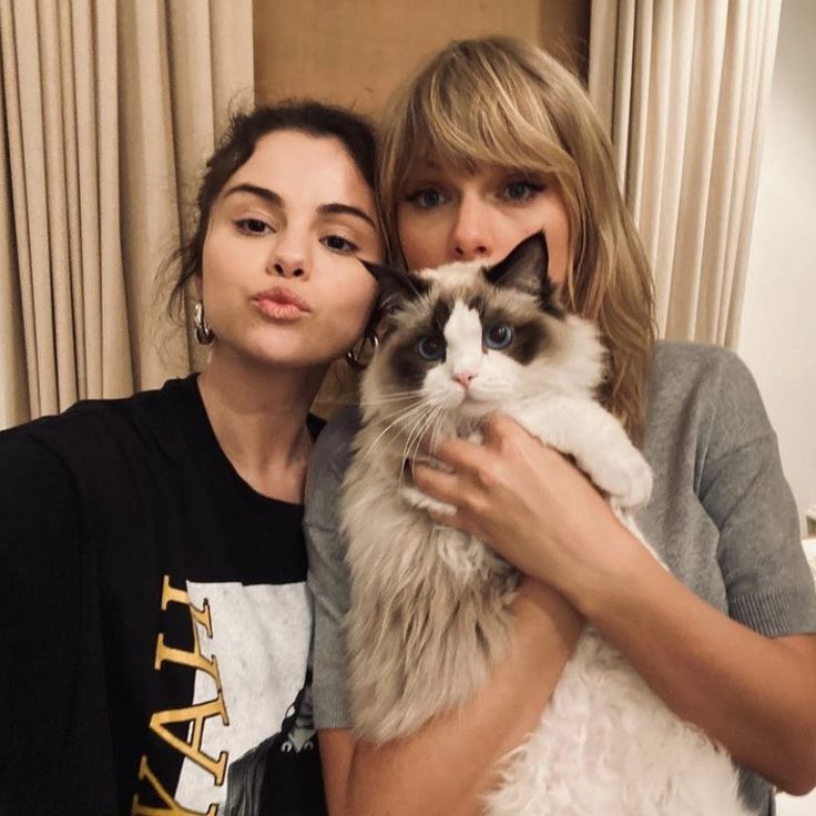 two women pose for a photo with a cat