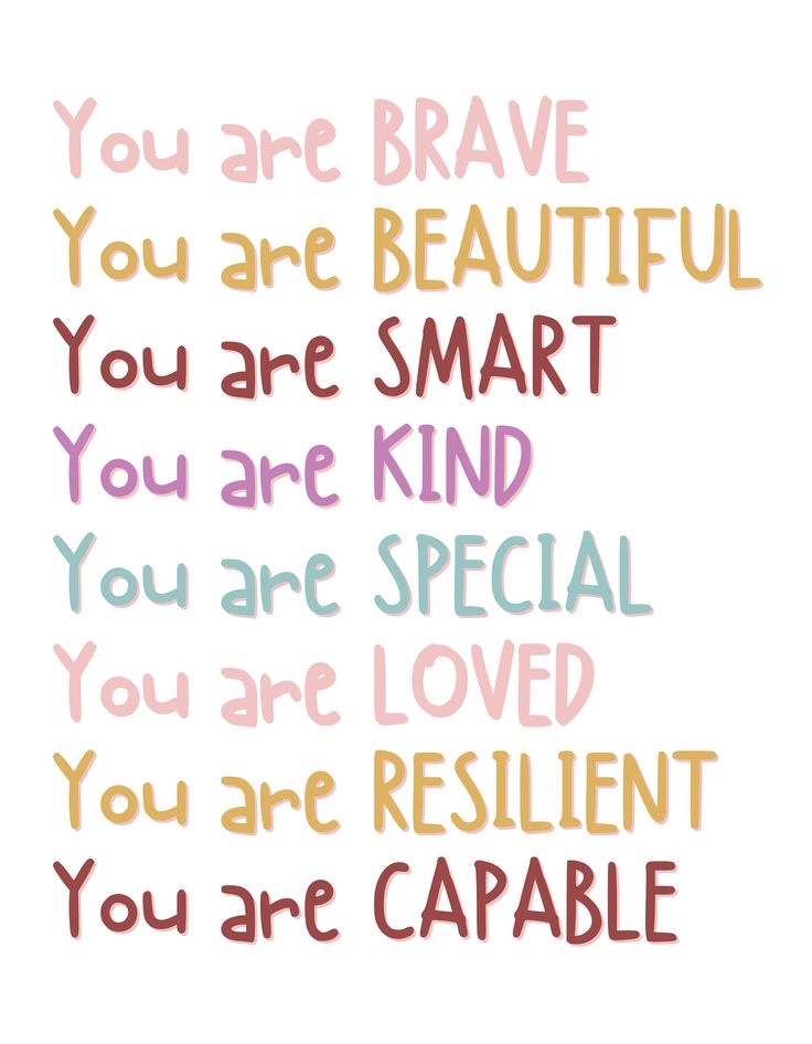 the words you are brave and you are beautiful on a white background with multicolored lettering