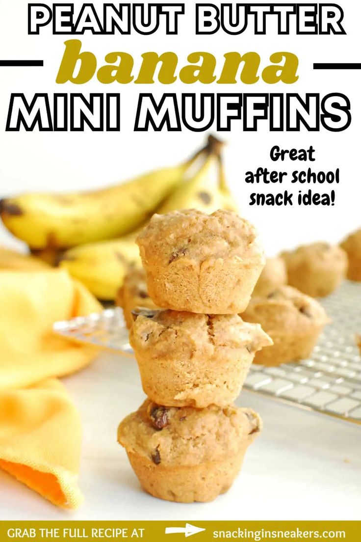 peanut butter banana mini muffins stacked on top of each other with bananas in the background