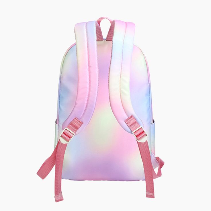 A Rainbow Clouds Backpack that looks just like cotton candy! It has an internal zipper pocket, a safe pocket for a laptop, a central bag opening for large items, small item pockets, a side pocket, and a front zipper pocket. This magical bag is efficient and cute. Ideal for school or work providing quality for daily use. Get this gradient and colorful backpack this year! Size:- Length: 11.4" (29 cm)- Width: 5.1" (13 cm)- Height: 16.5" (42 cm) Material: nylon & polyester Kawaii Backpack With Zipper Closure, Kawaii Standard Backpack With Zipper Closure, Kawaii Standard Backpack With Zipper, Cute Nylon Backpack For Students, Pink Nylon Backpack For School, Pink Backpack For Study, Kawaii Nylon Backpack For Everyday Use, Cute Nylon Student Backpack, Pink Nylon School Backpack