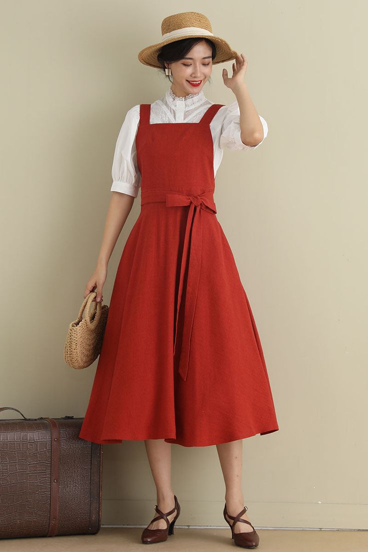 Fit and flare Linen Pinafore Dress 278901 – XiaoLizi Casual Square Neck Workwear Dress, Casual Square Neck Dresses For Work, Casual Square Neck Dress For Work, Cotton Solid Color Midi Dress For Work, Cotton Midi Dress Solid Color For Work, Cotton Midi Dress In Solid Color For Work, Square Neck Cotton Midi Dress For Work, Cotton Square Neck Midi Dress For Workwear, Cotton A-line Dress With Side Pockets