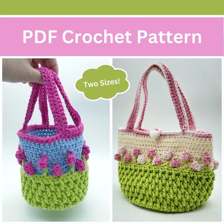 two crocheted purses are shown with the same pattern