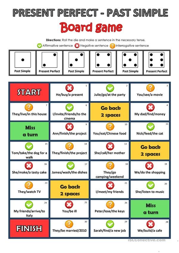 the present perfect - past simple board game is shown in red, yellow and green