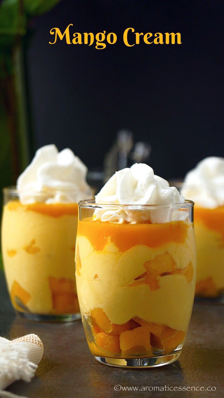 mango cream dessert with mango flavored cream and fresh mango pieces in small glass cups