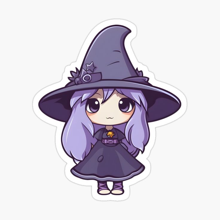 an adorable little witch girl with purple hair wearing a witches hat and black dress sticker