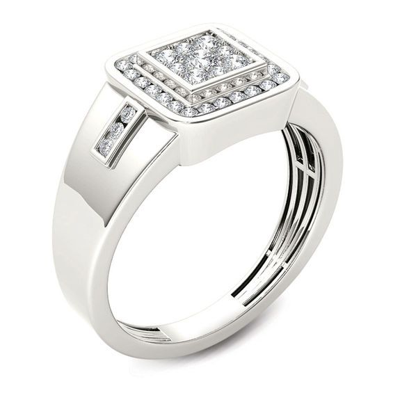 With shimmer and fashion, this diamond signet ring creates a handsome everyday look for him. Crafted in cool 14K white gold, this bold design features a squared composite of shimmering diamonds framed with a cushion-shaped border of channel-set diamonds. Trios of channel-set diamonds also adorn the wide shank. Radiant with 1/2 ct. t.w. of diamonds and a bright polished shine, this signet ring is proclaims his signature style. Classic Rectangular Signet Ring With Diamond Accents, White Gold Rectangular Diamond Ring With Polished Finish, Rectangular White Gold Diamond Ring With Polished Finish, White Gold Diamond Signet Ring Rectangular, Rectangular Diamond Signet Ring For Promise, Modern Diamond Cut Signet Ring, Classic Rectangular Diamond Signet Ring, Rectangular Diamond Signet Ring For Anniversary, Modern White Gold Signet Ring With Diamond Accents