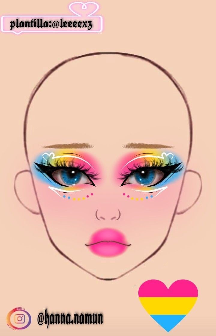 Face Design Makeup, Lgbtq Pride Makeup, Pansexual Eye Makeup, Drawing Makeup Looks, Makeup Look Template, Makeup Ideas Pride, Face Drawing Makeup, Lgbtq Makeup Ideas, Pride Graphic Liner