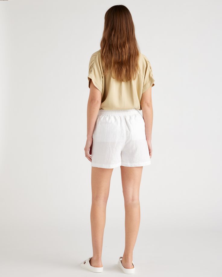 Relaxed and lightweight, these shorts are equally perfect for lounging around or stepping out to see friends. Made from soft, 100% organic linen, they’re a perfect addition for the warm weather.  | Quince | Women's Shorts in White, Size Large, Linen Boyfriend Cardigan, Natural Textiles, Fabric Structure, European Linens, Fleece Shorts, Re A, Organic Linens, Stepping Out, Summer Staples