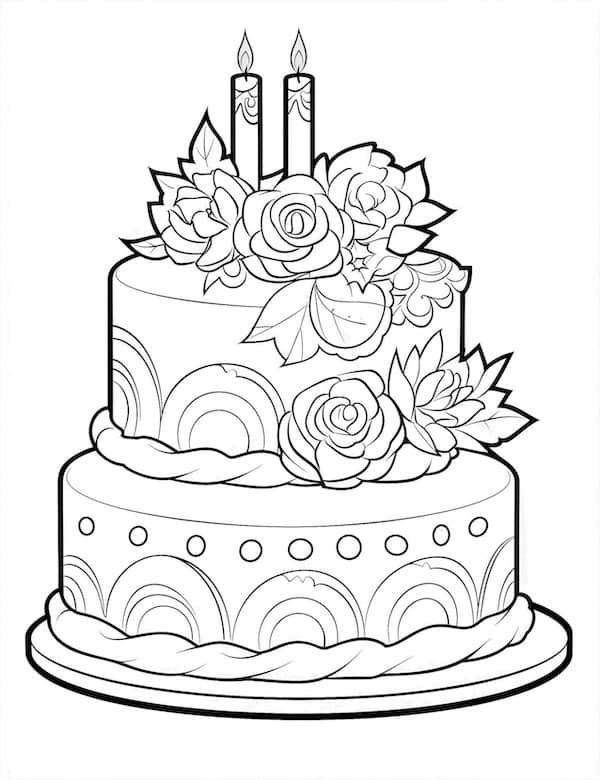 a birthday cake with candles and flowers on the top, outlined in black and white