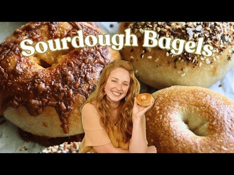 a woman sitting in front of several doughnuts with the words sourdough bagels