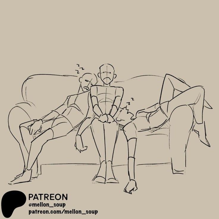 a drawing of two people sitting on a couch with one person touching the other's head