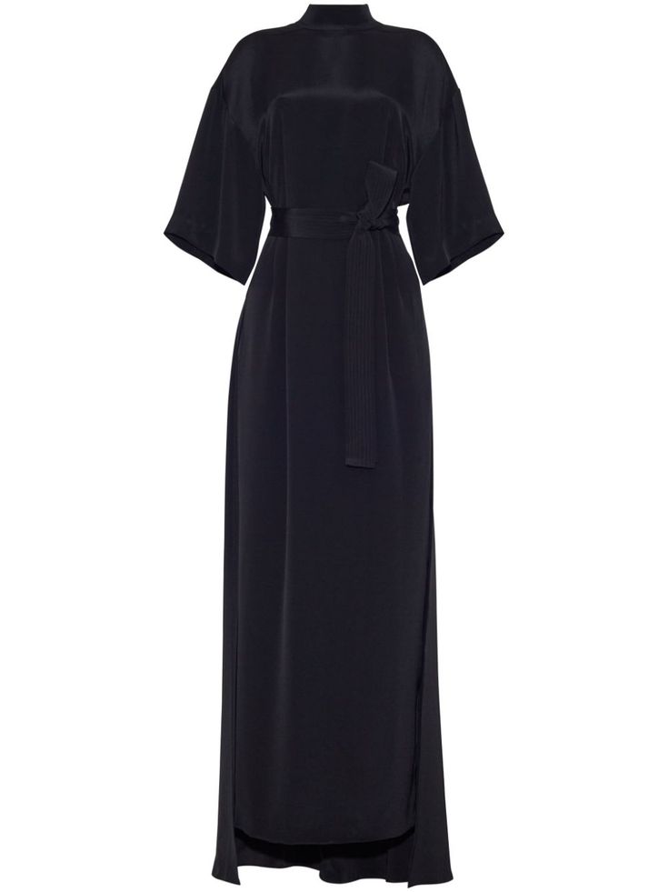 black silk crepe texture cape design mock neck half-length sleeves tied waist concealed rear zip fastening straight hem maxi Cape Designs, Adam Lippes, Crepe Gown, Gown Black, Silk Gown, Silk Crepe, Black Silk, Cocktail Dress Party, Mock Neck