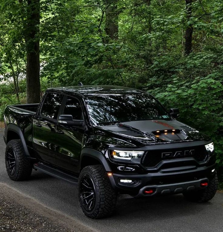 the black truck is parked on the side of the road near some trees and bushes