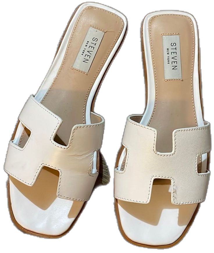 Cream Leather Sole Slip-on Sandals, Cream Almond Toe Sandals For Summer, Casual White Sandals With Almond Toe, Classic Beige Sandals For Summer, Casual Cream Almond Toe Sandals, Cream Round Toe Slides For Spring, White Steve Madden Sandals, White Steve Madden, Steve Madden Sandals