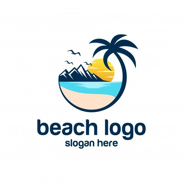 beach logo design with palm trees and mountains