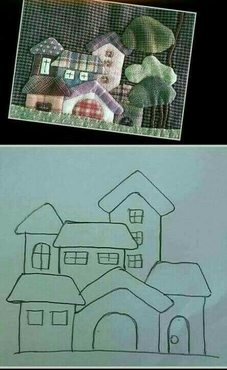 two pictures with houses and trees drawn on them