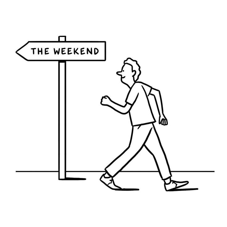 a man walking past a street sign with the word the weekend written in black ink