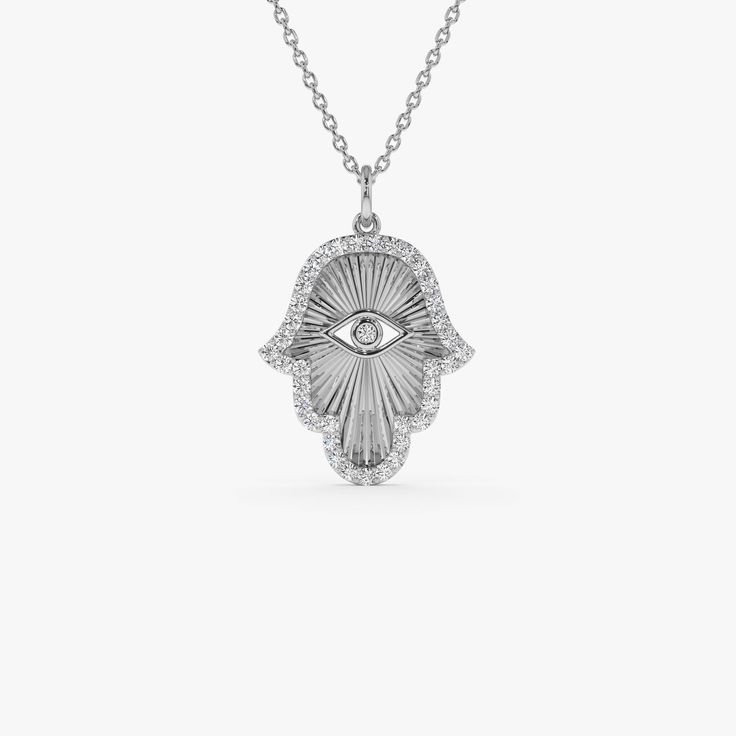 14k Diamond Hamsa & Evil Eye Hand of Fatima Necklace 14K White Gold Ferkos Fine Jewelry Silver Tarnish Resistant Necklace For Wedding, Spiritual White Gold Necklaces With Polished Finish, Sterling Silver Diamond Necklace For Wedding, Silver 14k Gold Diamond Necklace For Wedding, White Gold Polished Finish Necklace For Wedding, Silver Tarnish Resistant Wedding Necklace, White Gold Polished Wedding Necklace, Spiritual White Gold Necklaces With 17 Jewels, Engraved 14k White Gold Diamond Necklace