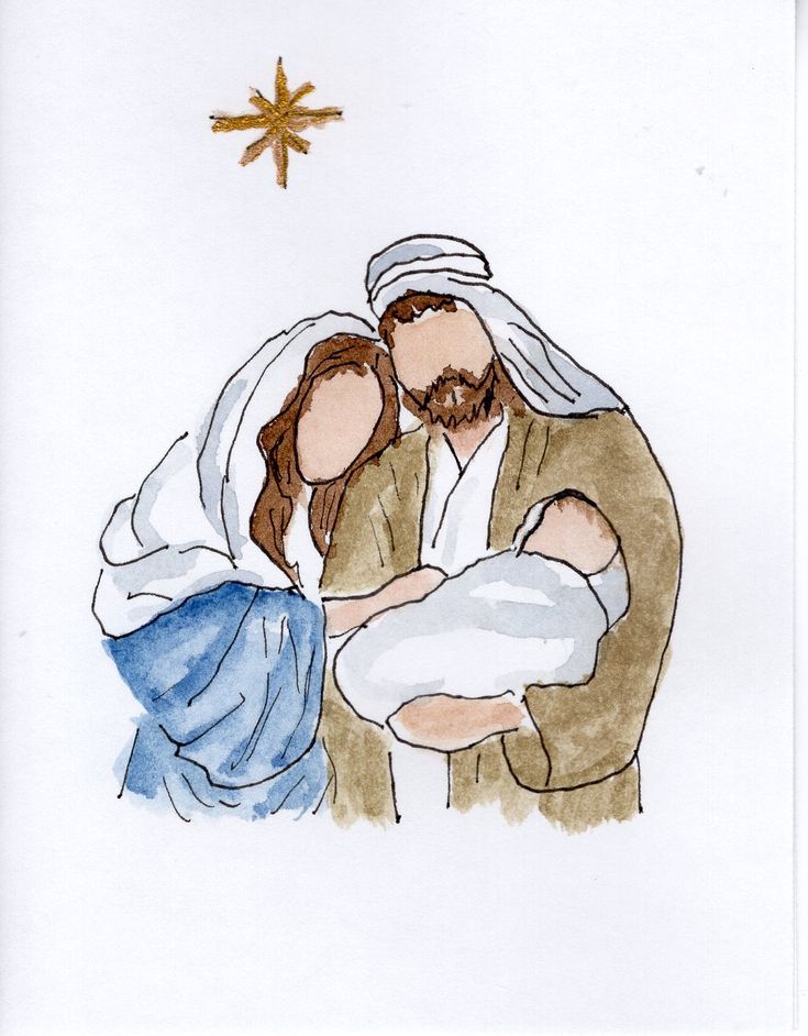 a watercolor and ink drawing of the birth of jesus