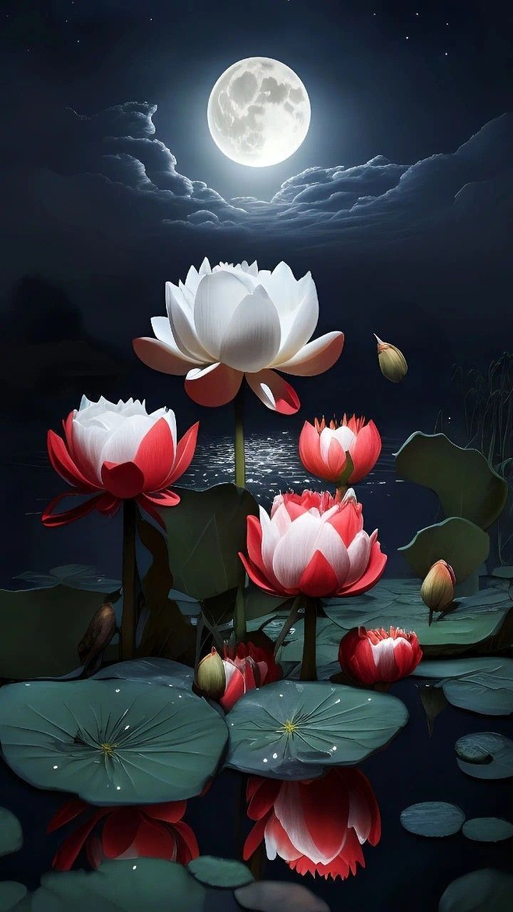 two white and red water lilies floating on top of lily pads in front of a full moon