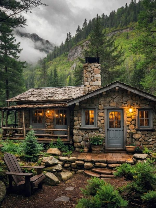 a small stone cabin in the woods